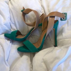 Teal and taupe wrap suede heels